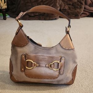 Cole Haan Stephanie Suede bronze studded leather horsebit hobo equastrian bag